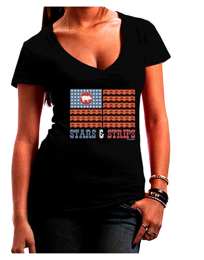 American Bacon Flag - Stars and Strips Juniors V-Neck Dark T-Shirt-Womens V-Neck T-Shirts-TooLoud-Black-Juniors Fitted Small-Davson Sales