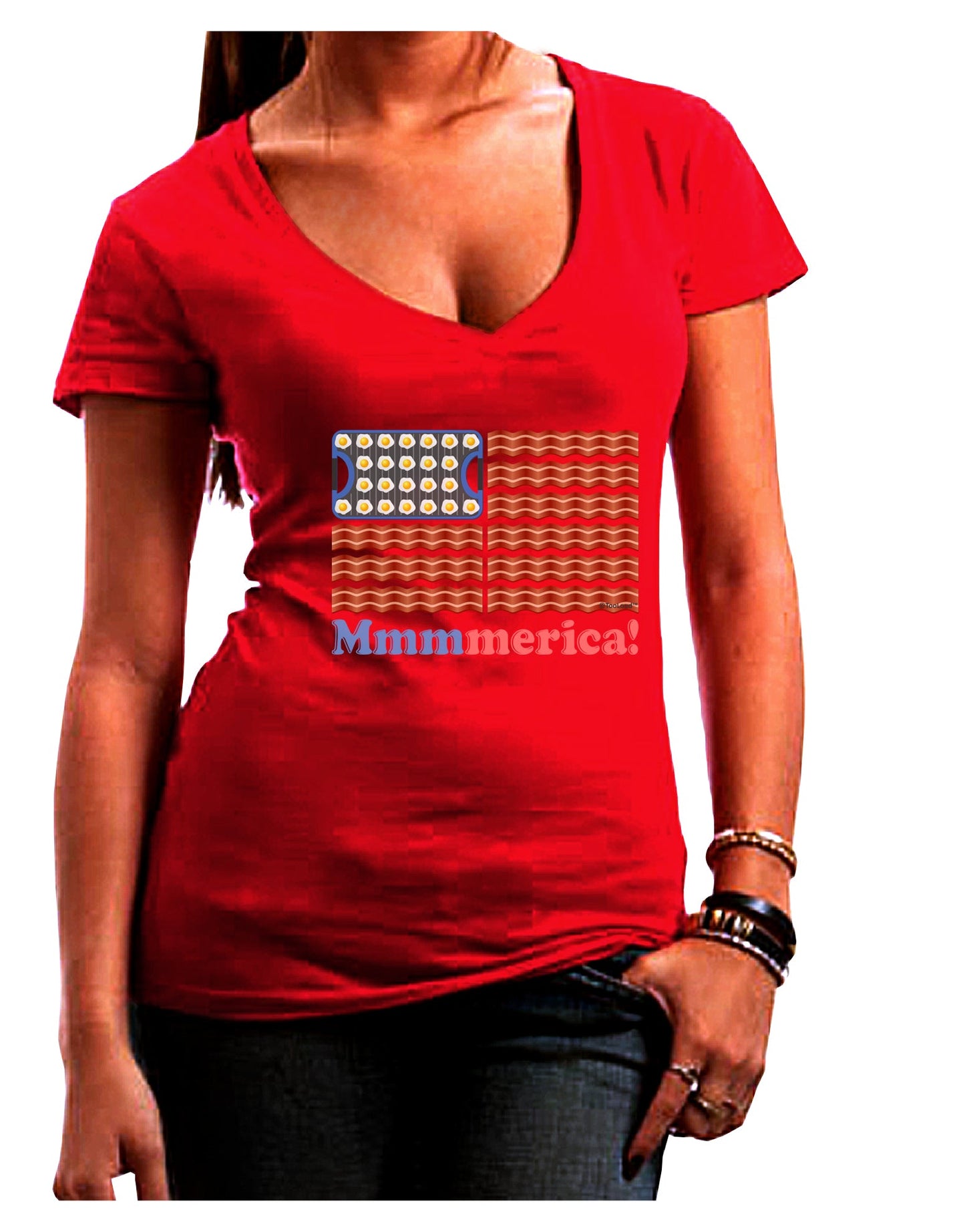 American Breakfast Flag - Bacon and Eggs - Mmmmerica Juniors V-Neck Dark T-Shirt-Womens V-Neck T-Shirts-TooLoud-Red-Juniors Fitted Small-Davson Sales