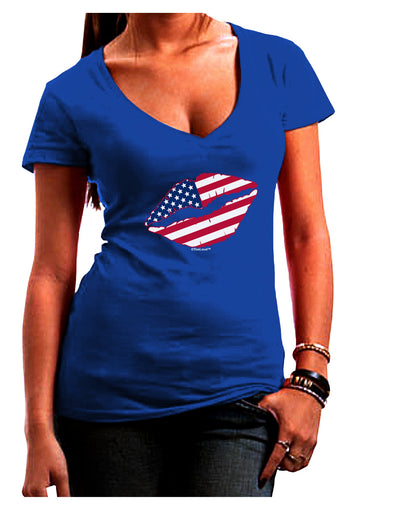 American Flag Lipstick Juniors V-Neck Dark T-Shirt-Womens V-Neck T-Shirts-TooLoud-Royal-Blue-Juniors Fitted Small-Davson Sales