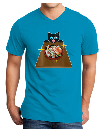 Anime Cat Loves Sushi Adult Dark V-Neck T-Shirt by TooLoud-Mens V-Neck T-Shirt-TooLoud-Turquoise-Small-Davson Sales