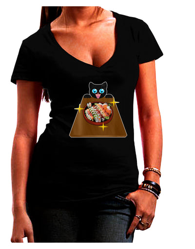 Anime Cat Loves Sushi Womens V-Neck Dark T-Shirt by TooLoud-Womens V-Neck T-Shirts-TooLoud-Black-Juniors Fitted Small-Davson Sales