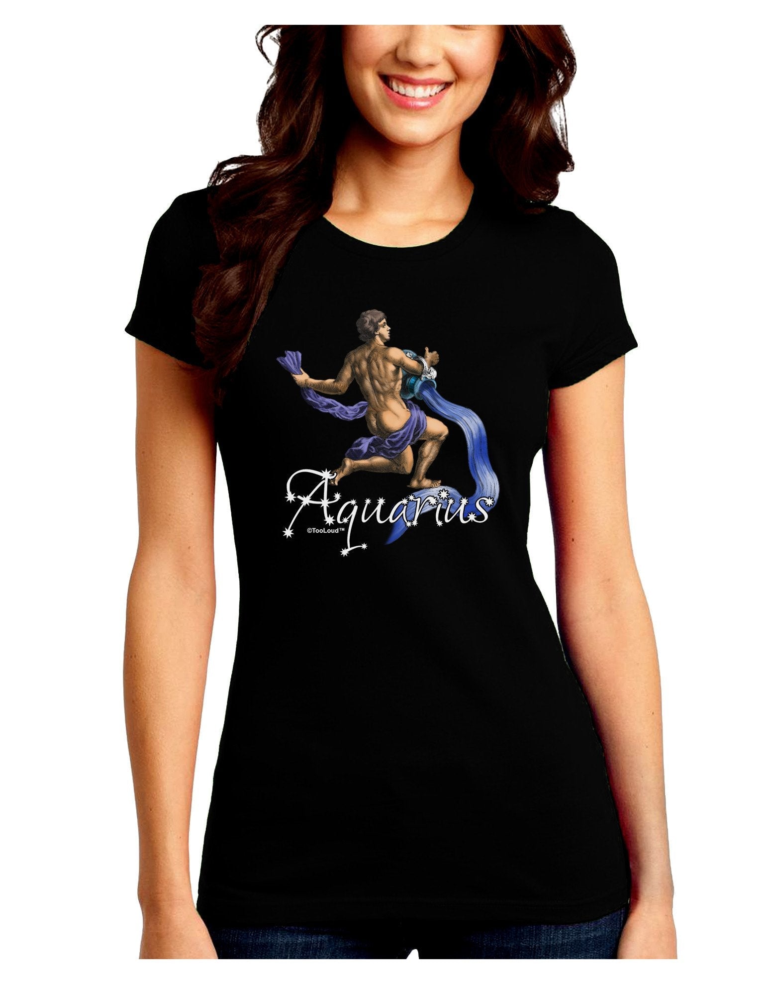 Aquarius Color Illustration Juniors Crew Dark T-Shirt-T-Shirts Juniors Tops-TooLoud-Black-Juniors Fitted XX-Large-Davson Sales