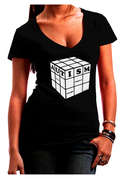 Autism Awareness - Cube B & W Juniors V-Neck Dark T-Shirt-Womens V-Neck T-Shirts-TooLoud-Black-Juniors Fitted Small-Davson Sales