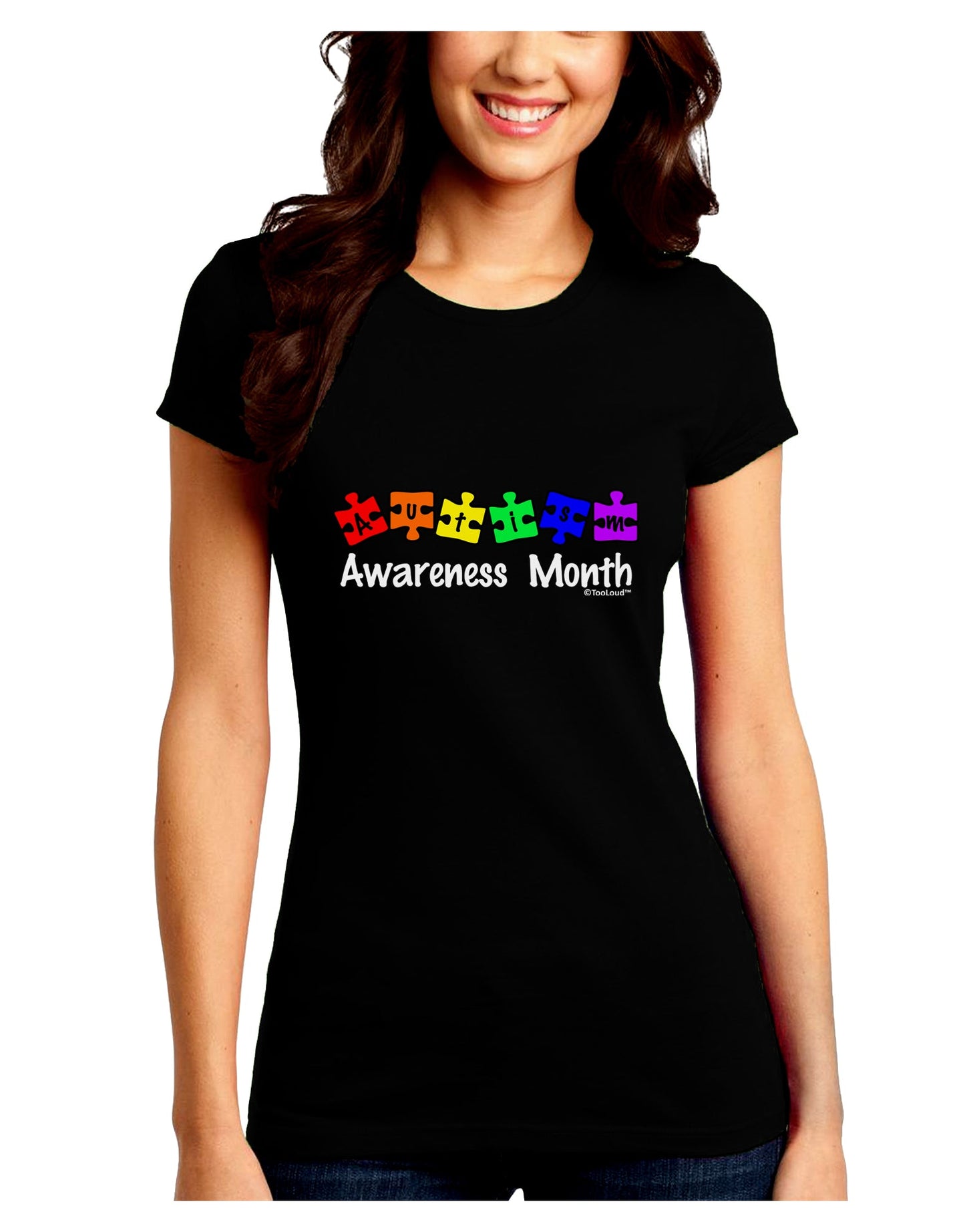 Autism Awareness Month - Colorful Puzzle Pieces Juniors Crew Dark T-Shirt by TooLoud-T-Shirts Juniors Tops-TooLoud-Black-Juniors Fitted Small-Davson Sales