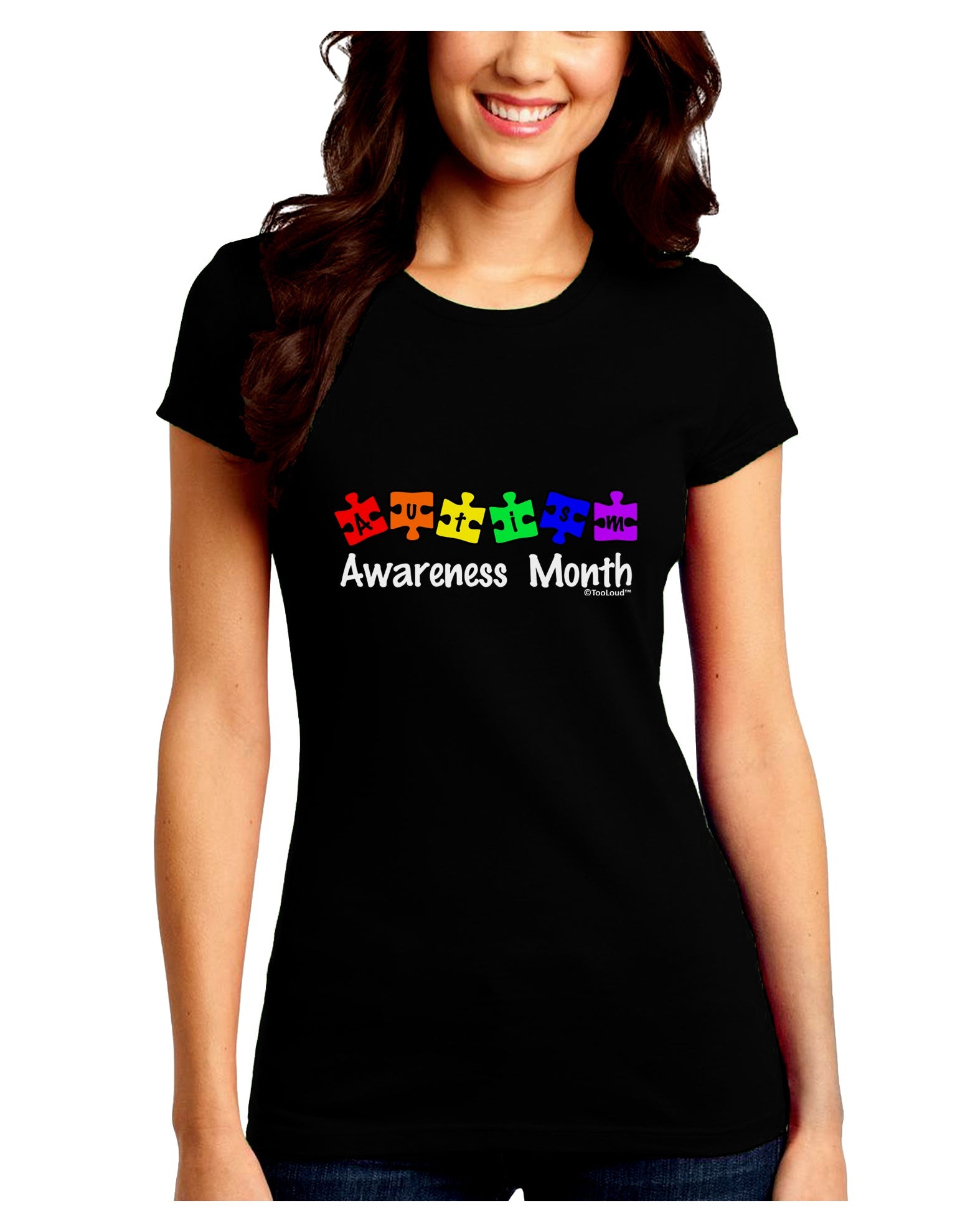 Autism Awareness Month - Colorful Puzzle Pieces Juniors Crew Dark T-Shirt by TooLoud-T-Shirts Juniors Tops-TooLoud-Black-Juniors Fitted Small-Davson Sales