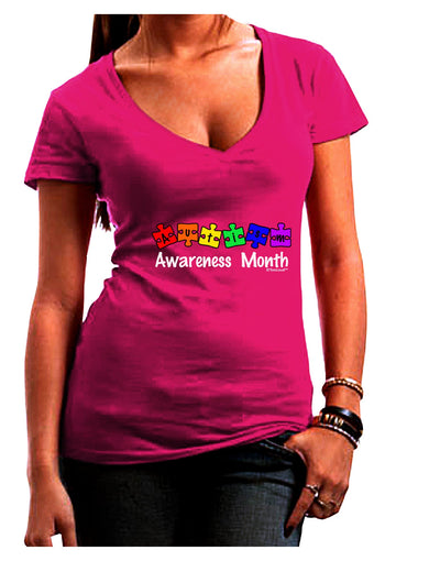 Autism Awareness Month - Colorful Puzzle Pieces Juniors V-Neck Dark T-Shirt by TooLoud-Womens V-Neck T-Shirts-TooLoud-Hot-Pink-Juniors Fitted Small-Davson Sales