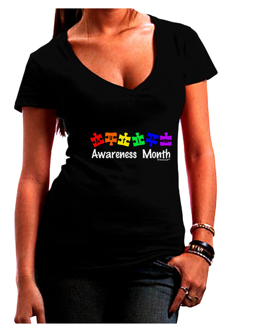 Autism Awareness Month - Colorful Puzzle Pieces Juniors V-Neck Dark T-Shirt by TooLoud-Womens V-Neck T-Shirts-TooLoud-Black-Juniors Fitted Small-Davson Sales