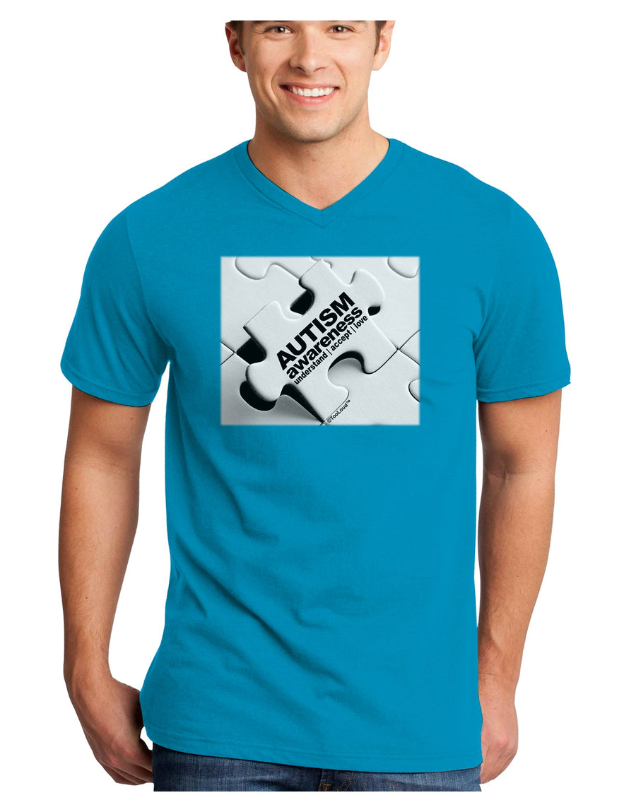 Autism Awareness - Puzzle Black & White Adult Dark V-Neck T-Shirt-TooLoud-Black-Small-Davson Sales