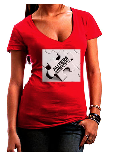 Autism Awareness - Puzzle Black & White Juniors V-Neck Dark T-Shirt-Womens V-Neck T-Shirts-TooLoud-Red-Juniors Fitted Small-Davson Sales