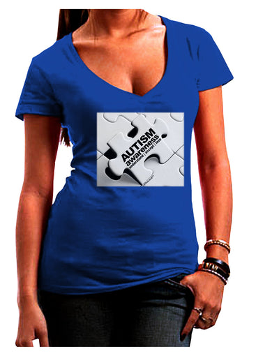 Autism Awareness - Puzzle Black & White Juniors V-Neck Dark T-Shirt-Womens V-Neck T-Shirts-TooLoud-Royal-Blue-Juniors Fitted Small-Davson Sales