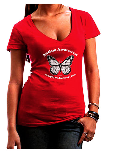 Autism Awareness - Puzzle Piece Butterfly 2 Juniors V-Neck Dark T-Shirt-Womens V-Neck T-Shirts-TooLoud-Red-Juniors Fitted Small-Davson Sales