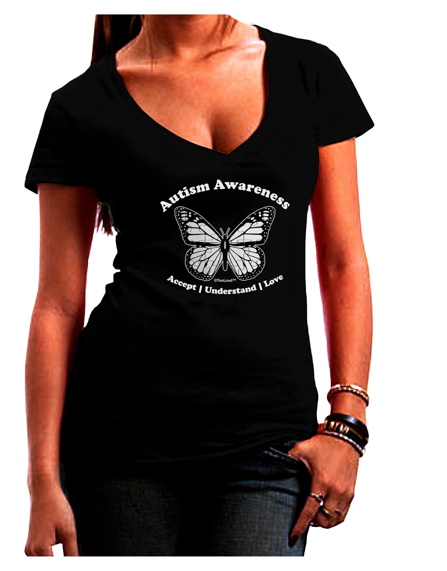 Autism Awareness - Puzzle Piece Butterfly 2 Juniors V-Neck Dark T-Shirt-Womens V-Neck T-Shirts-TooLoud-Black-Juniors Fitted Small-Davson Sales