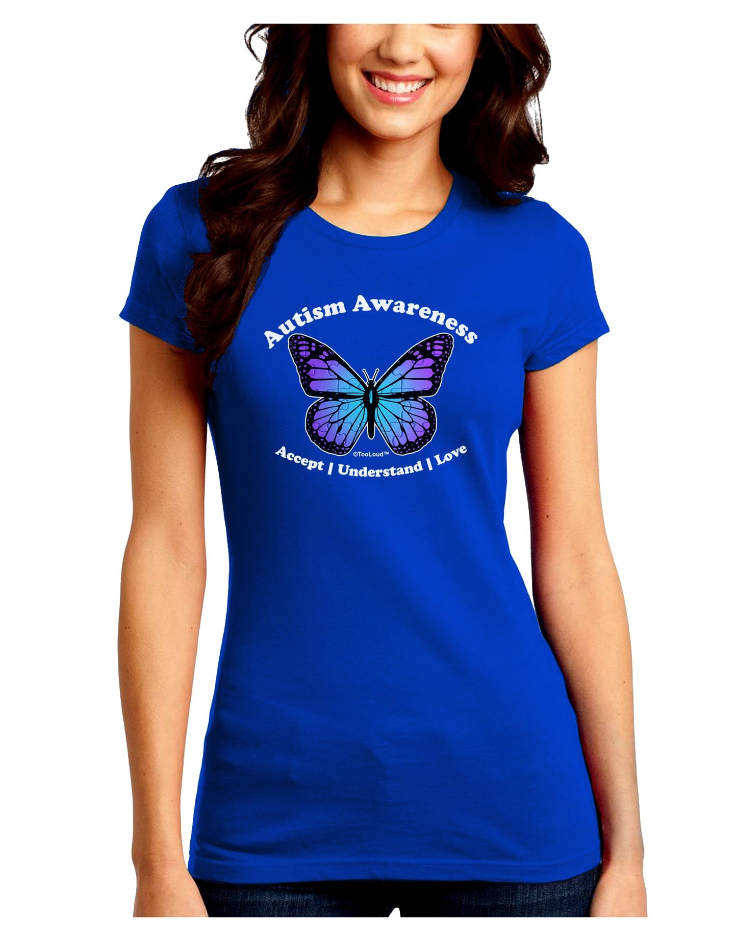 Autism Awareness - Puzzle Piece Butterfly Juniors Crew Dark T-Shirt-T-Shirts Juniors Tops-TooLoud-Royal-Blue-Juniors Fitted Small-Davson Sales