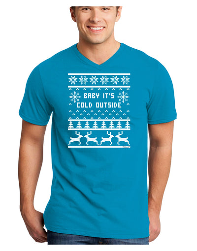 Baby It's Cold Outside Christmas Sweater Design Adult Dark V-Neck T-Shirt-TooLoud-Turquoise-Small-Davson Sales