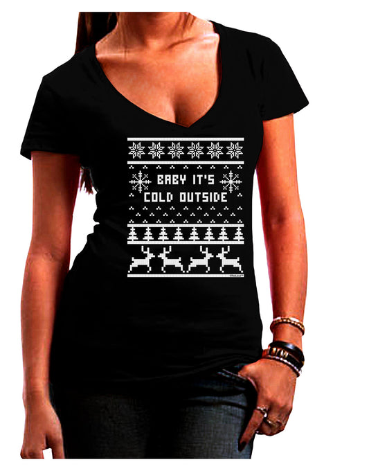 Baby It's Cold Outside Christmas Sweater Design Juniors V-Neck Dark T-Shirt-Womens V-Neck T-Shirts-TooLoud-Black-Juniors Fitted Small-Davson Sales