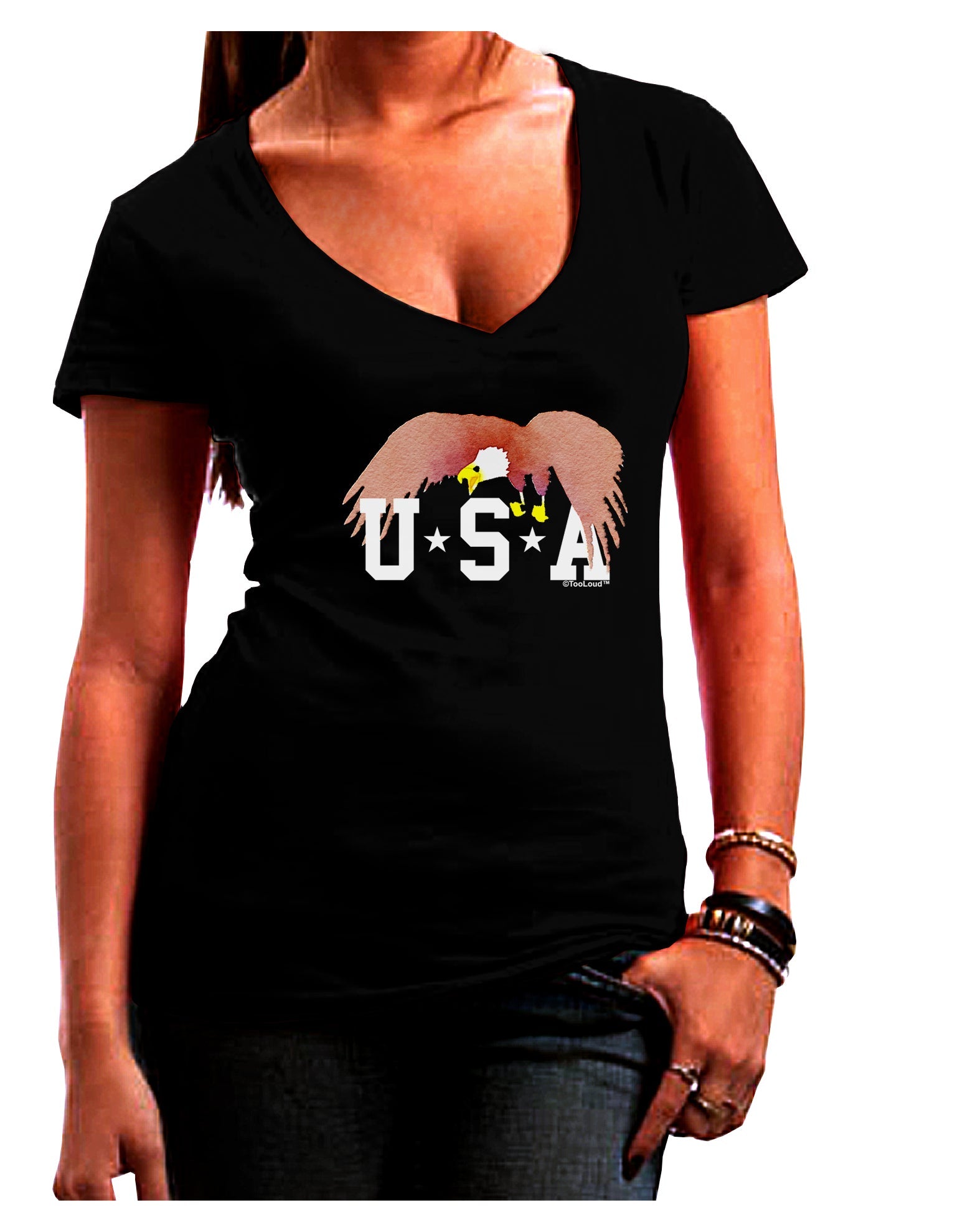Bald Eagle USA Juniors V-Neck Dark T-Shirt-Womens V-Neck T-Shirts-TooLoud-Black-Juniors Fitted Small-Davson Sales