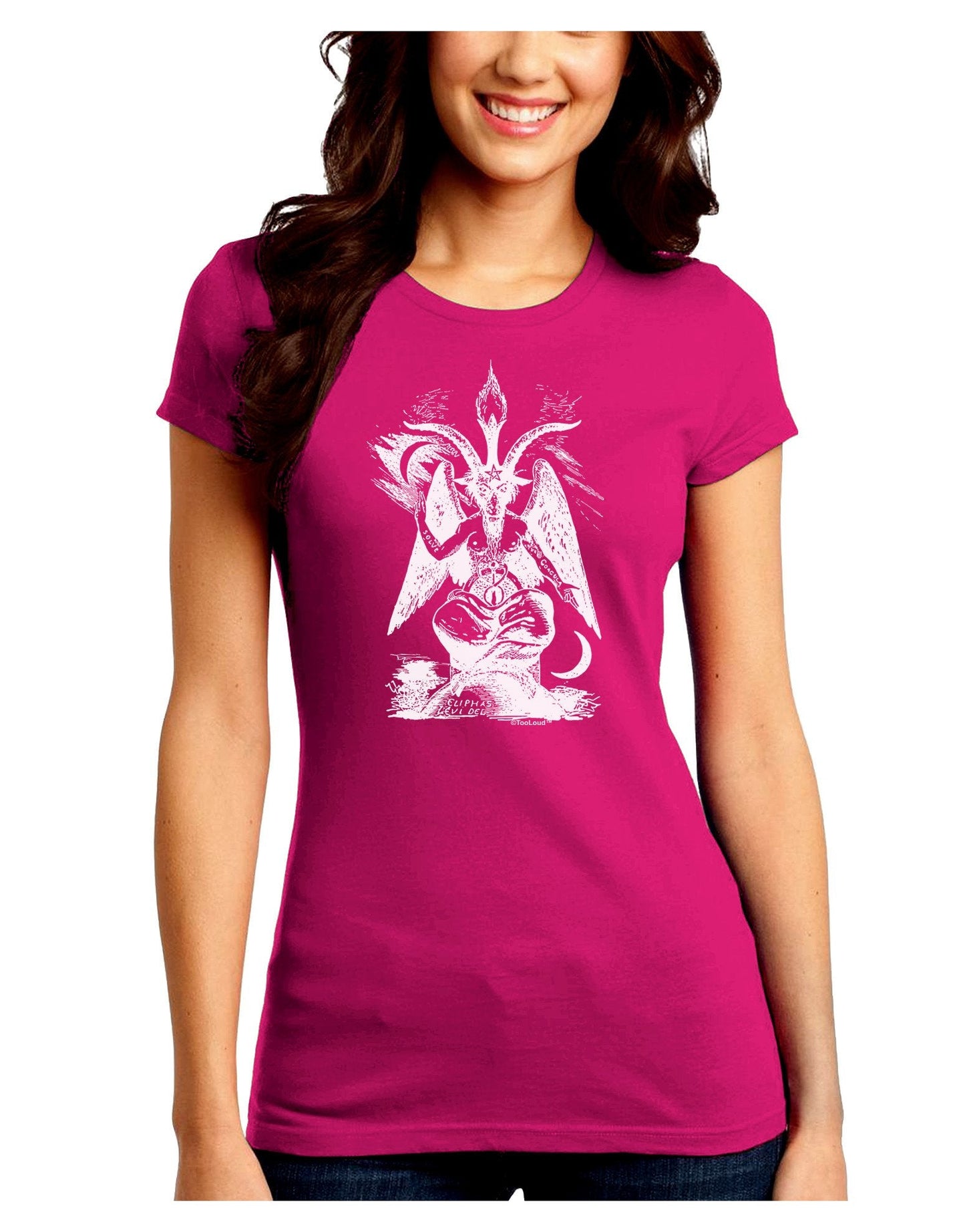 Baphomet Illustration Juniors Petite Crew Dark T-Shirt-T-Shirts Juniors Tops-TooLoud-Hot-Pink-Juniors Fitted XX-Large-Davson Sales