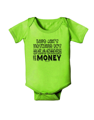 Beaches and Money Baby Romper Bodysuit by TooLoud