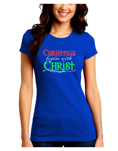 Begins With Christ Text Juniors Crew Dark T-Shirt-T-Shirts Juniors Tops-TooLoud-Royal-Blue-Juniors Fitted XX-Large-Davson Sales