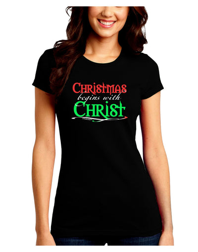 Begins With Christ Text Juniors Crew Dark T-Shirt-T-Shirts Juniors Tops-TooLoud-Black-Juniors Fitted XX-Large-Davson Sales