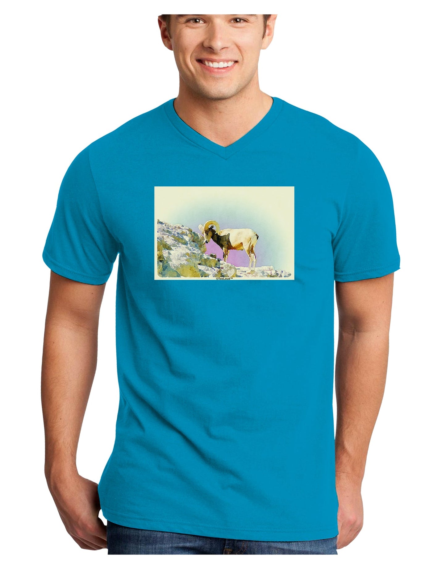 Bighorn Ram Watercolor Adult Dark V-Neck T-Shirt-TooLoud-Turquoise-Small-Davson Sales