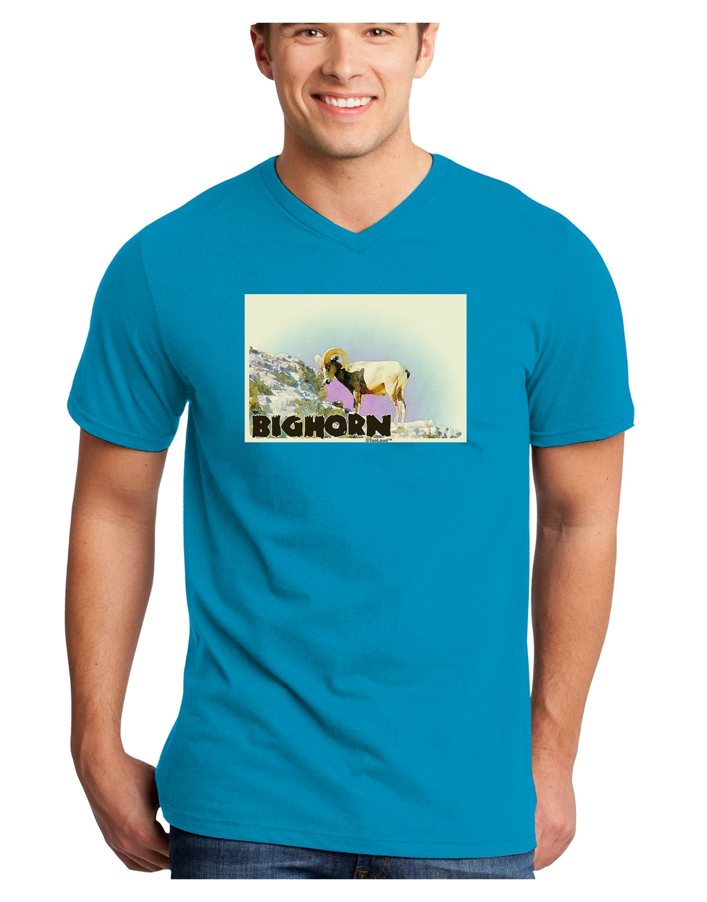 Bighorn Ram WatercolorText Adult Dark V-Neck T-Shirt-TooLoud-Turquoise-Small-Davson Sales