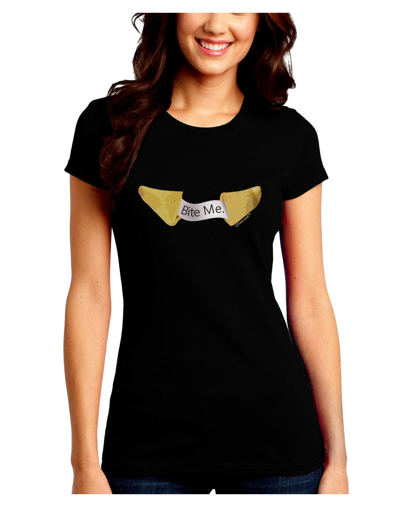 Bite Me - Fortune Cookie Juniors Petite Crew Dark T-Shirt-T-Shirts Juniors Tops-TooLoud-Black-Juniors Fitted XX-Large-Davson Sales