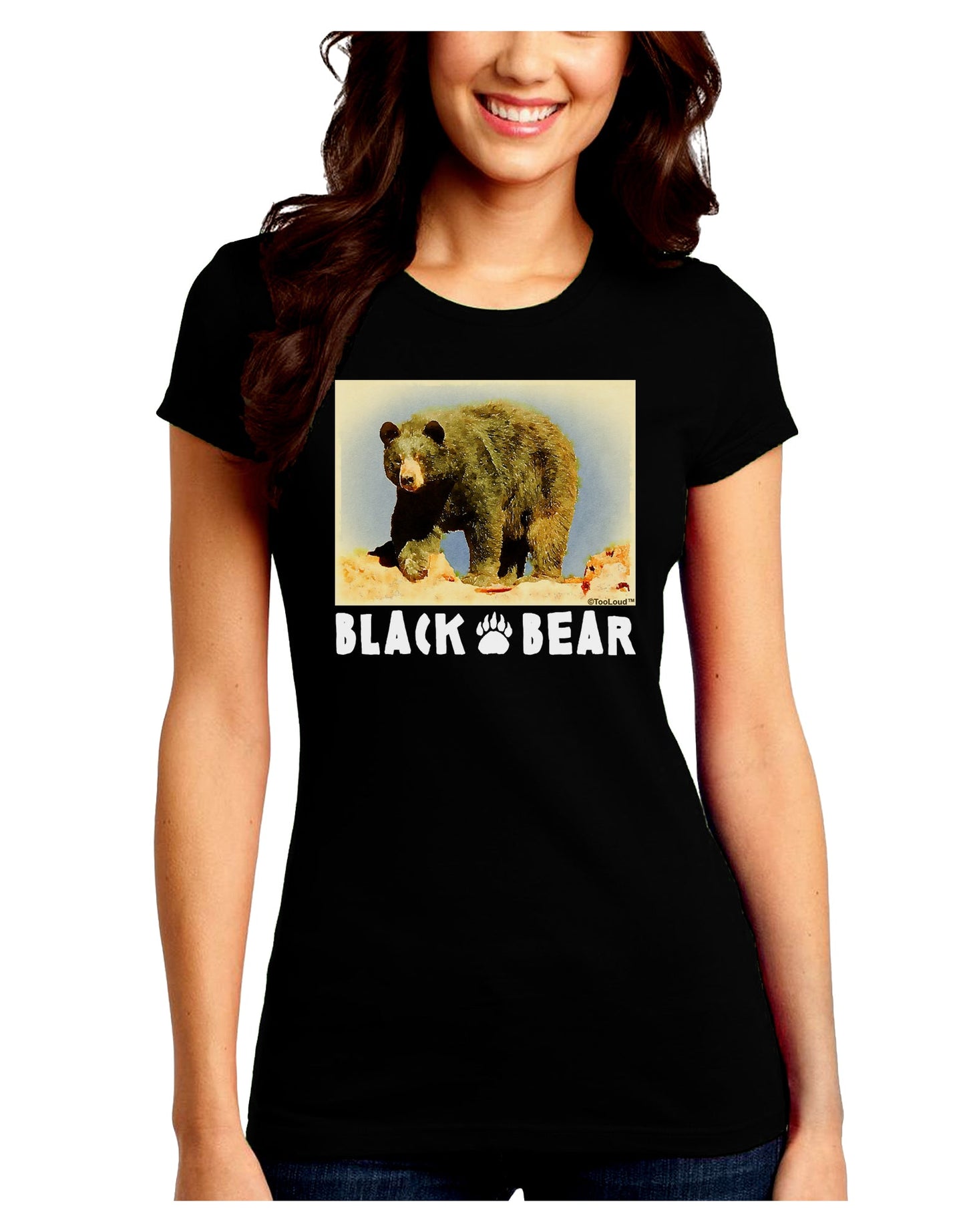 Black Bear Watercolor Juniors Petite Crew Dark T-Shirt-T-Shirts Juniors Tops-TooLoud-Black-Juniors Fitted Small-Davson Sales