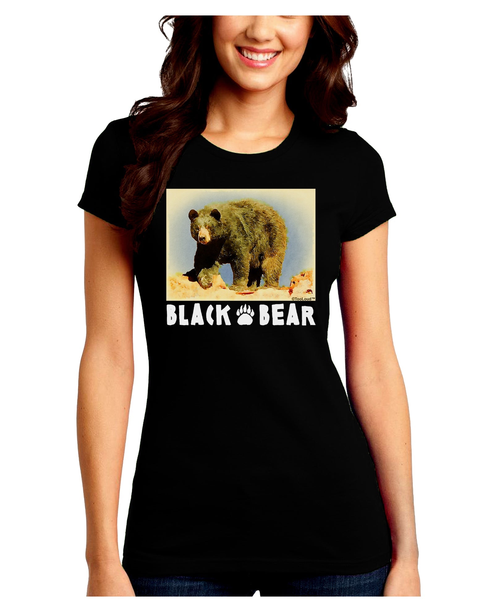 Black Bear Watercolor Juniors Petite Crew Dark T-Shirt-T-Shirts Juniors Tops-TooLoud-Black-Juniors Fitted Small-Davson Sales