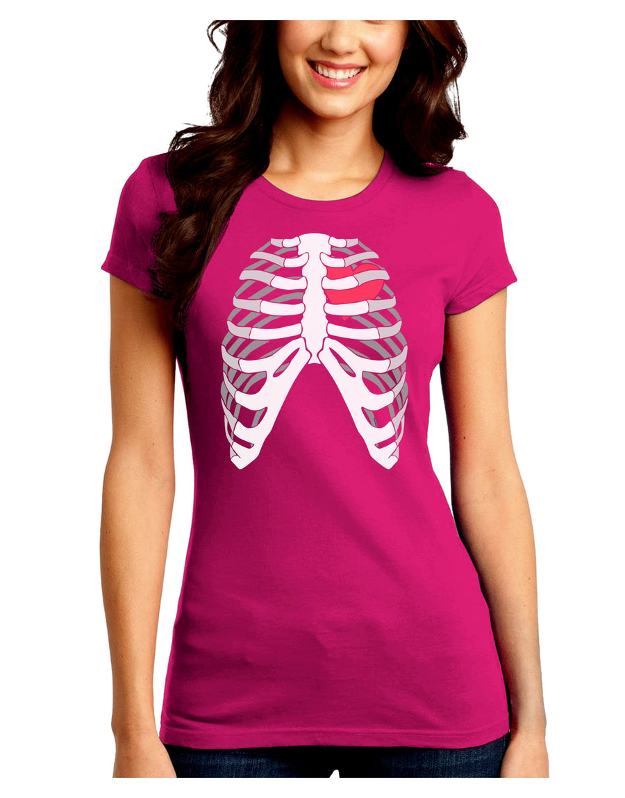 Black Skeleton Bones Ribcage with Heart Juniors Crew Dark T-Shirt-T-Shirts Juniors Tops-TooLoud-Black-Juniors Fitted Small-Davson Sales