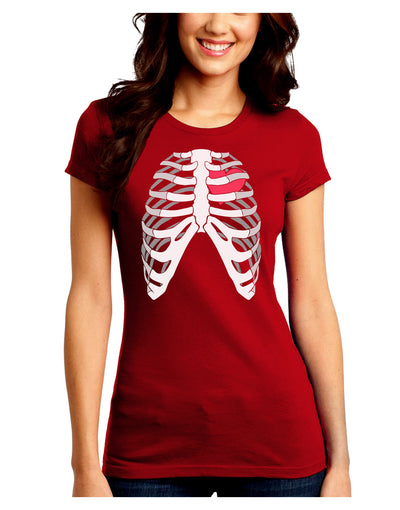 Black Skeleton Bones Ribcage with Heart Juniors Crew Dark T-Shirt-T-Shirts Juniors Tops-TooLoud-Red-Juniors Fitted Small-Davson Sales