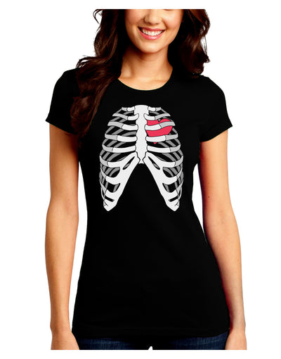 Black Skeleton Bones Ribcage with Heart Juniors Crew Dark T-Shirt-T-Shirts Juniors Tops-TooLoud-Black-Juniors Fitted Small-Davson Sales