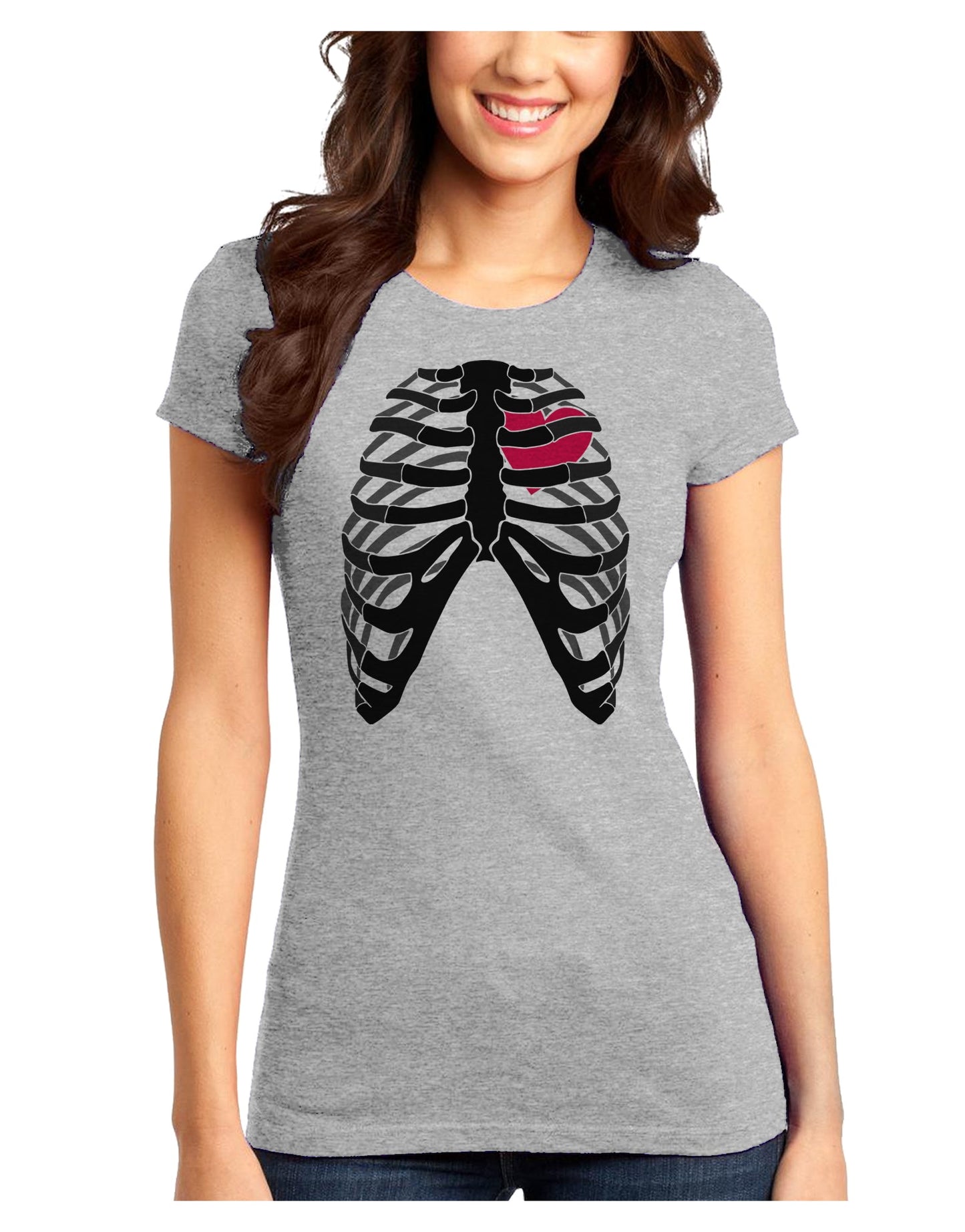 Black Skeleton Bones Ribcage with Heart Juniors T-Shirt-Womens Juniors T-Shirt-TooLoud-Ash-Gray-Juniors Fitted XS-Davson Sales