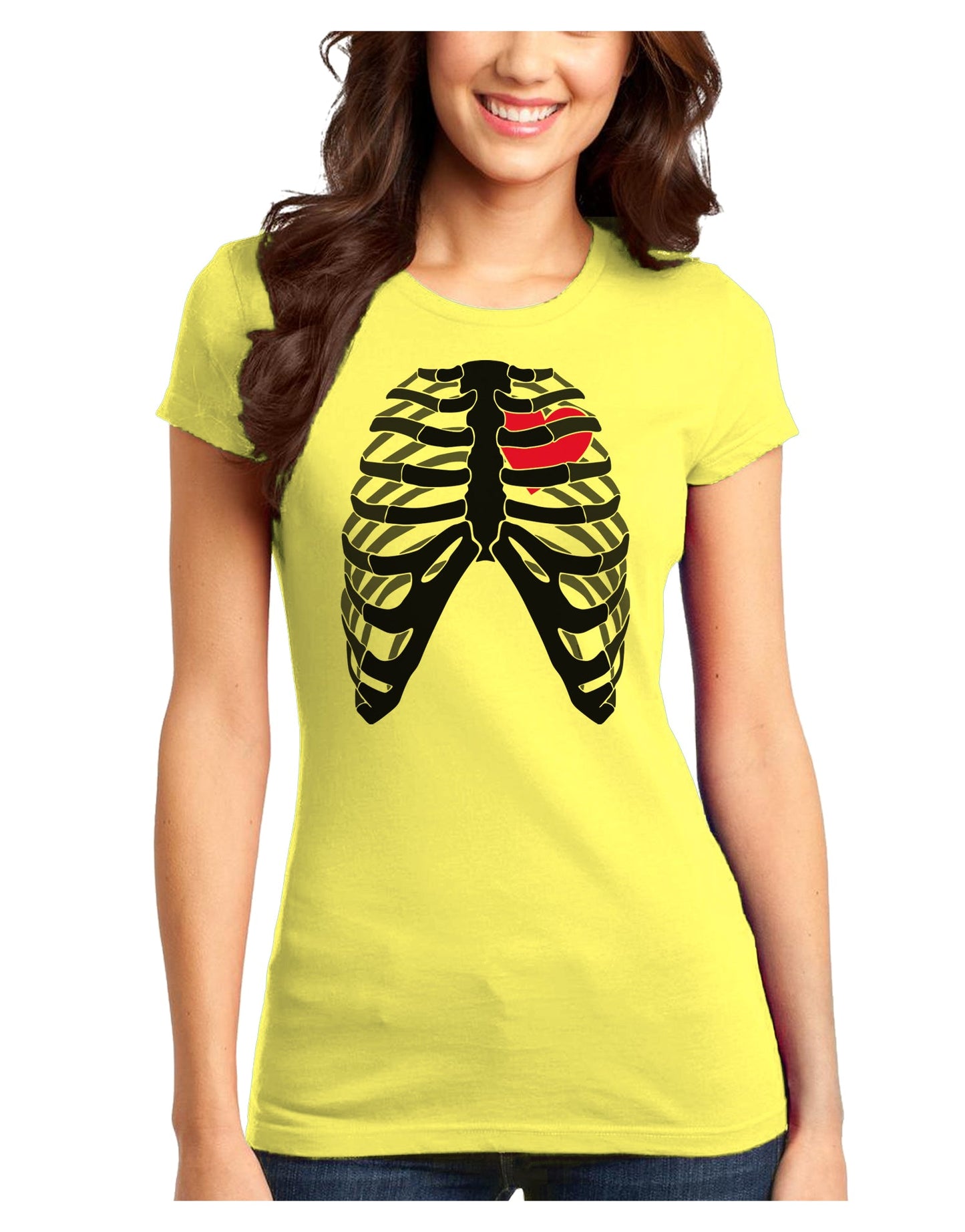 Black Skeleton Bones Ribcage with Heart Juniors T-Shirt-Womens Juniors T-Shirt-TooLoud-Yellow-Juniors Fitted XS-Davson Sales