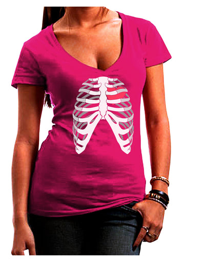 Black Skeleton Bones Ribcage with Heart Juniors V-Neck Dark T-Shirt-Womens V-Neck T-Shirts-TooLoud-Hot-Pink-Small-Davson Sales