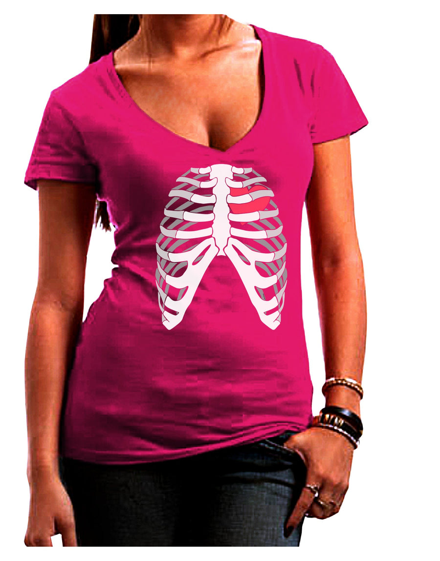 Black Skeleton Bones Ribcage with Heart Juniors V-Neck Dark T-Shirt-Womens V-Neck T-Shirts-TooLoud-Black-Small-Davson Sales