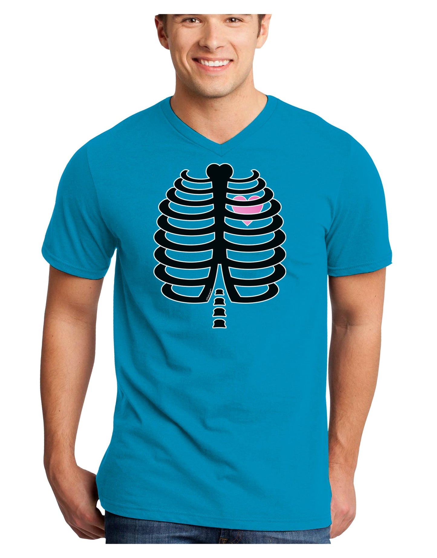 Black Skeleton Ribcage with Pink Heart Halloween Adult Dark V-Neck T-Shirt-TooLoud-Turquoise-Small-Davson Sales