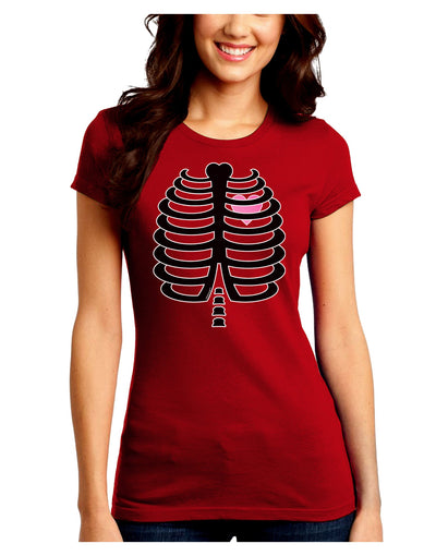 Black Skeleton Ribcage with Pink Heart Halloween Juniors Crew Dark T-Shirt-T-Shirts Juniors Tops-TooLoud-Red-Juniors Fitted Small-Davson Sales