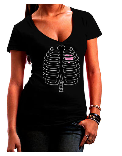 Black Skeleton Ribcage with Pink Heart Halloween Juniors V-Neck Dark T-Shirt-Womens V-Neck T-Shirts-TooLoud-Black-Juniors Fitted Small-Davson Sales