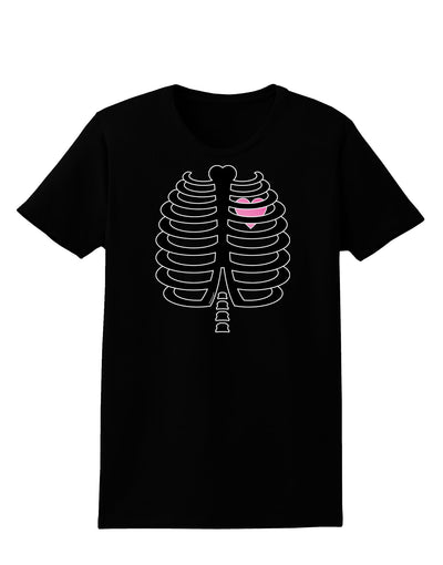 Black Skeleton Ribcage with Pink Heart Halloween Womens Dark T-Shirt-TooLoud-Black-X-Small-Davson Sales