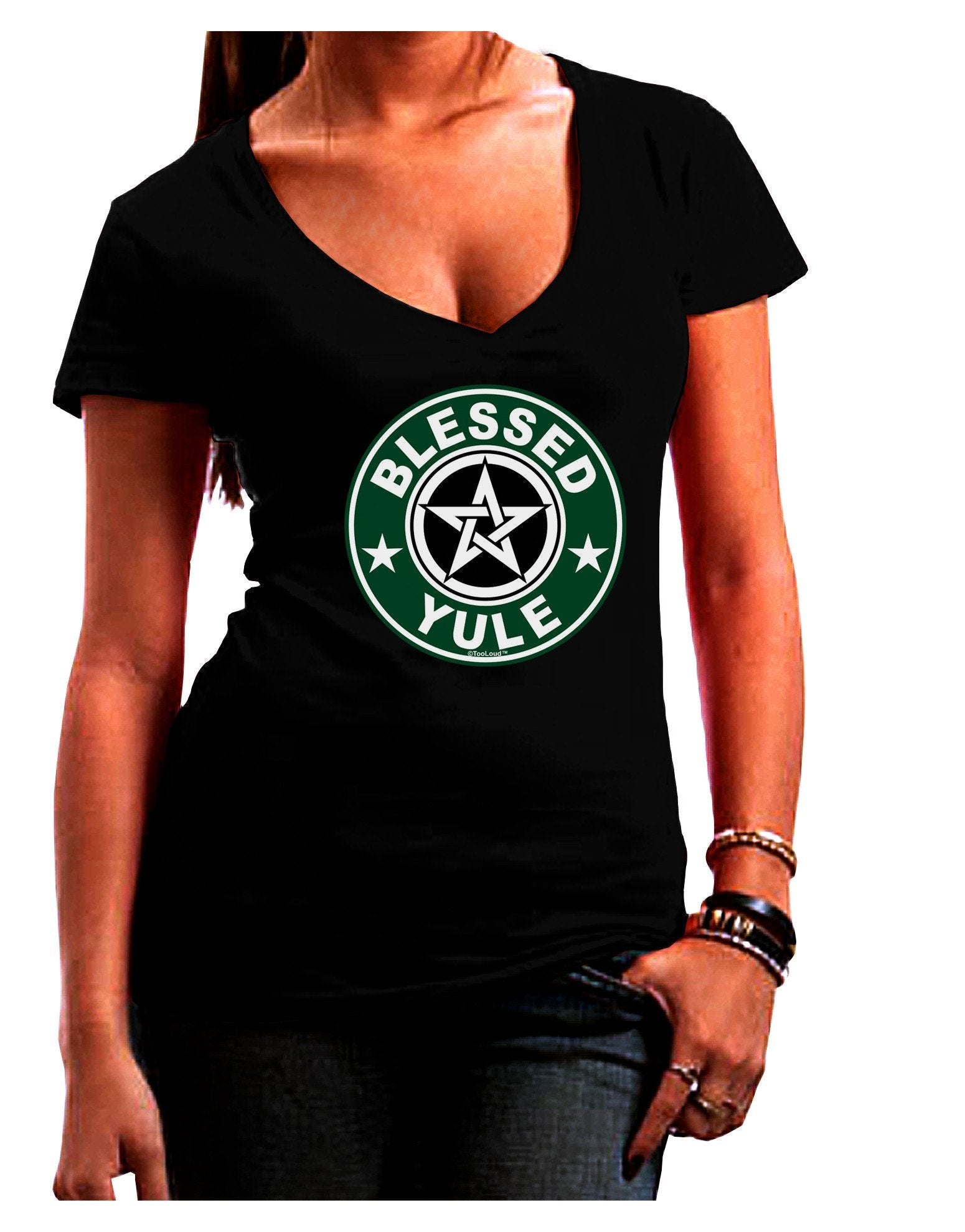 Blessed Yule Emblem Womens V-Neck Dark T-Shirt-Womens V-Neck T-Shirts-TooLoud-Black-Juniors Fitted XX-Large-Davson Sales