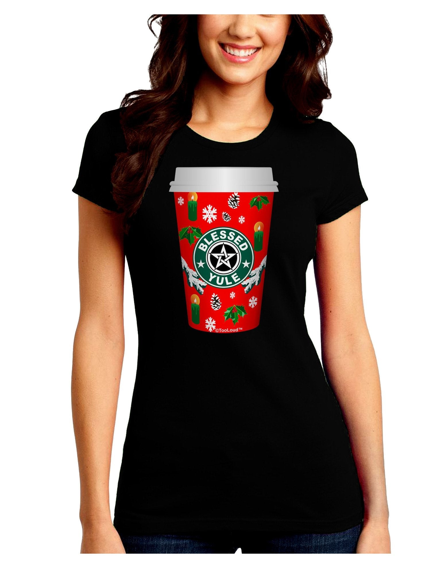 Blessed Yule Red Coffee Cup Juniors Petite Crew Dark T-Shirt-T-Shirts Juniors Tops-TooLoud-Black-Juniors Fitted XX-Large-Davson Sales