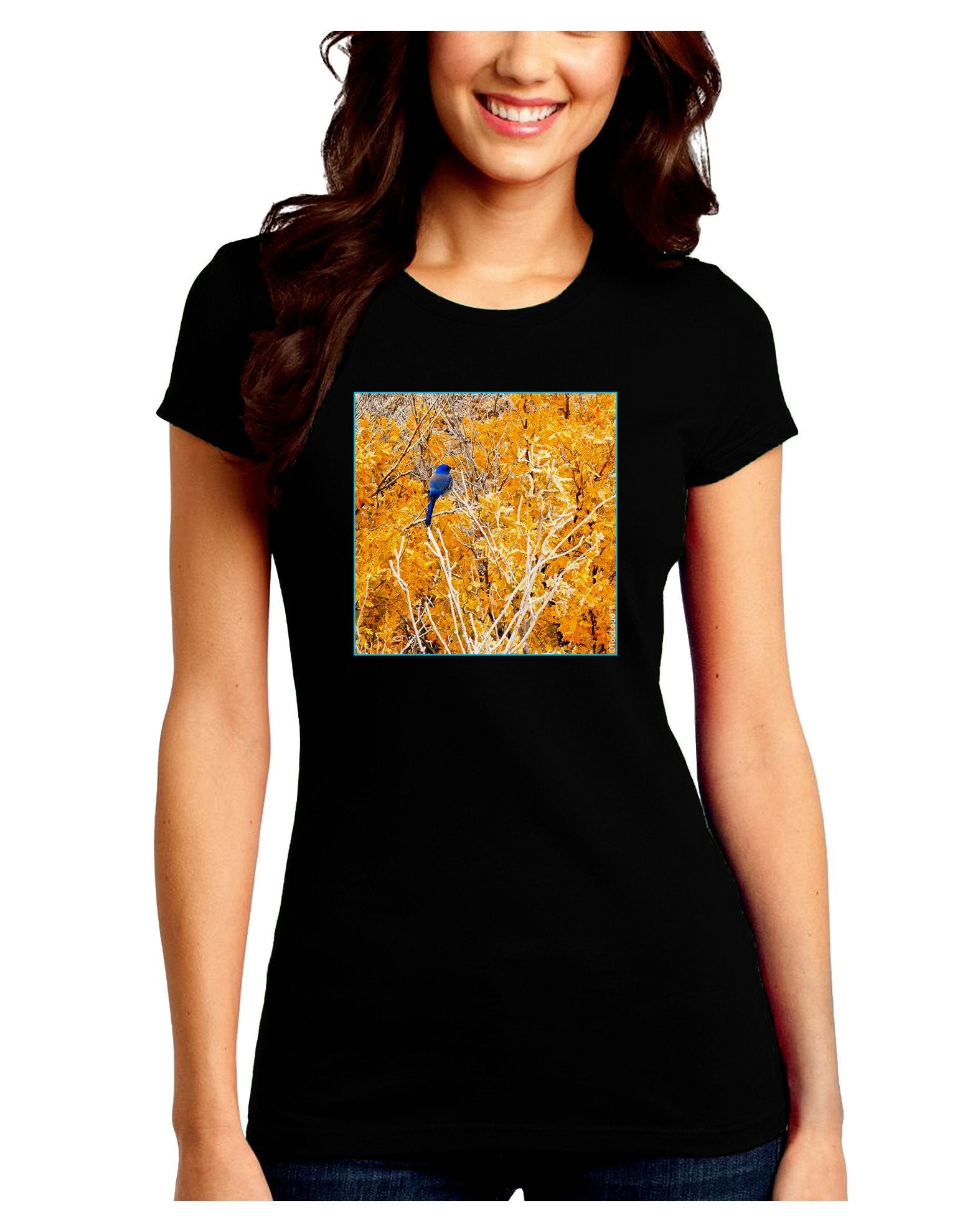 Blue Bird in Yellow Juniors Petite Crew Dark T-Shirt-T-Shirts Juniors Tops-TooLoud-Black-Juniors Fitted XX-Large-Davson Sales