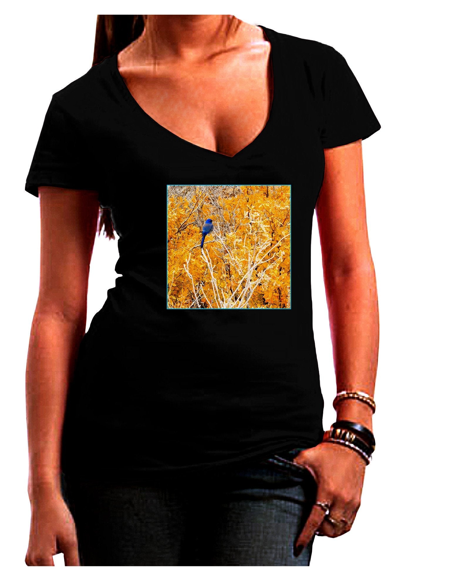 Blue Bird in Yellow Womens V-Neck Dark T-Shirt-Womens V-Neck T-Shirts-TooLoud-Black-Juniors Fitted XX-Large-Davson Sales