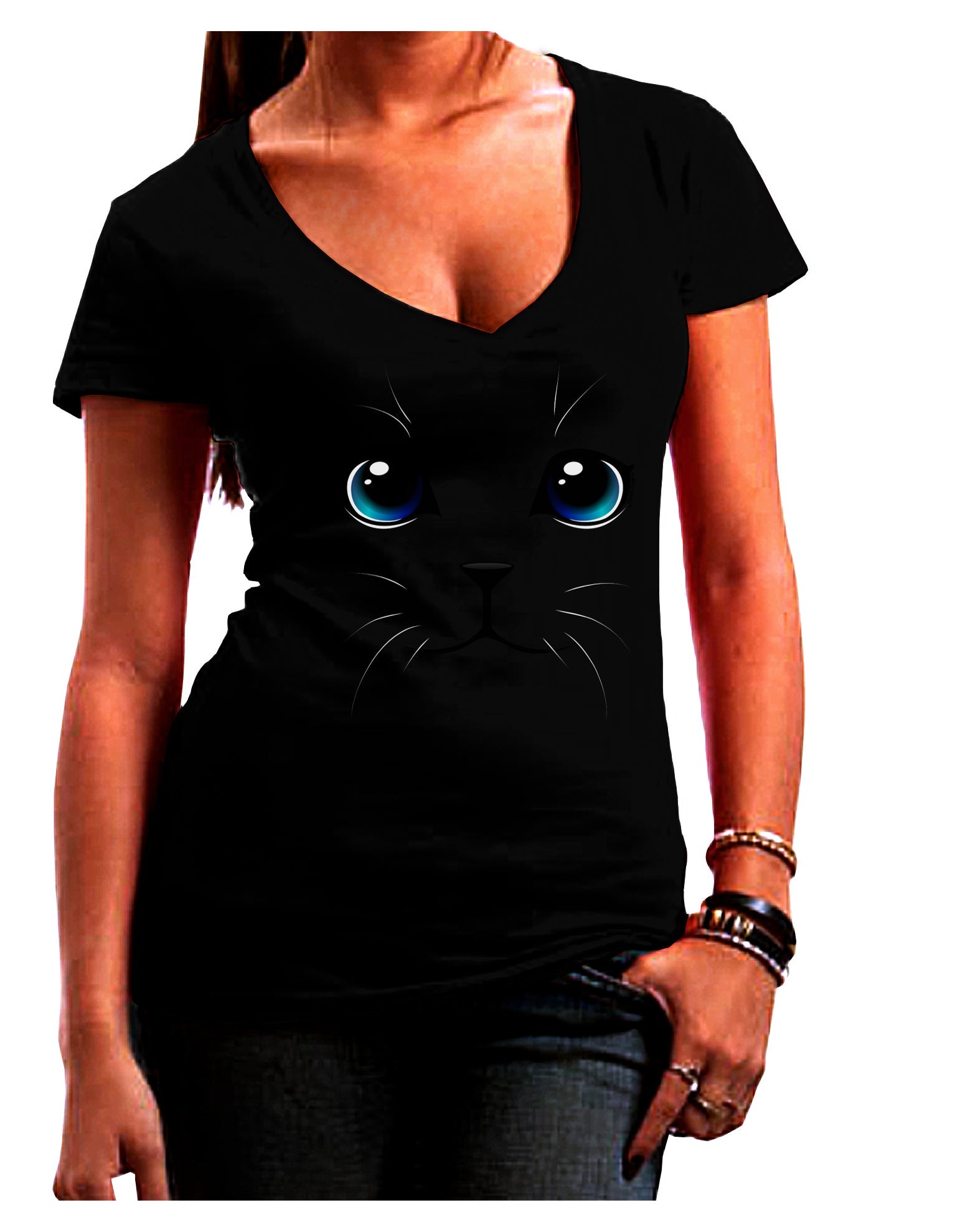 Blue-Eyed Cute Cat Face Womens V-Neck Dark T-Shirt-Womens V-Neck T-Shirts-TooLoud-Black-Juniors Fitted Small-Davson Sales