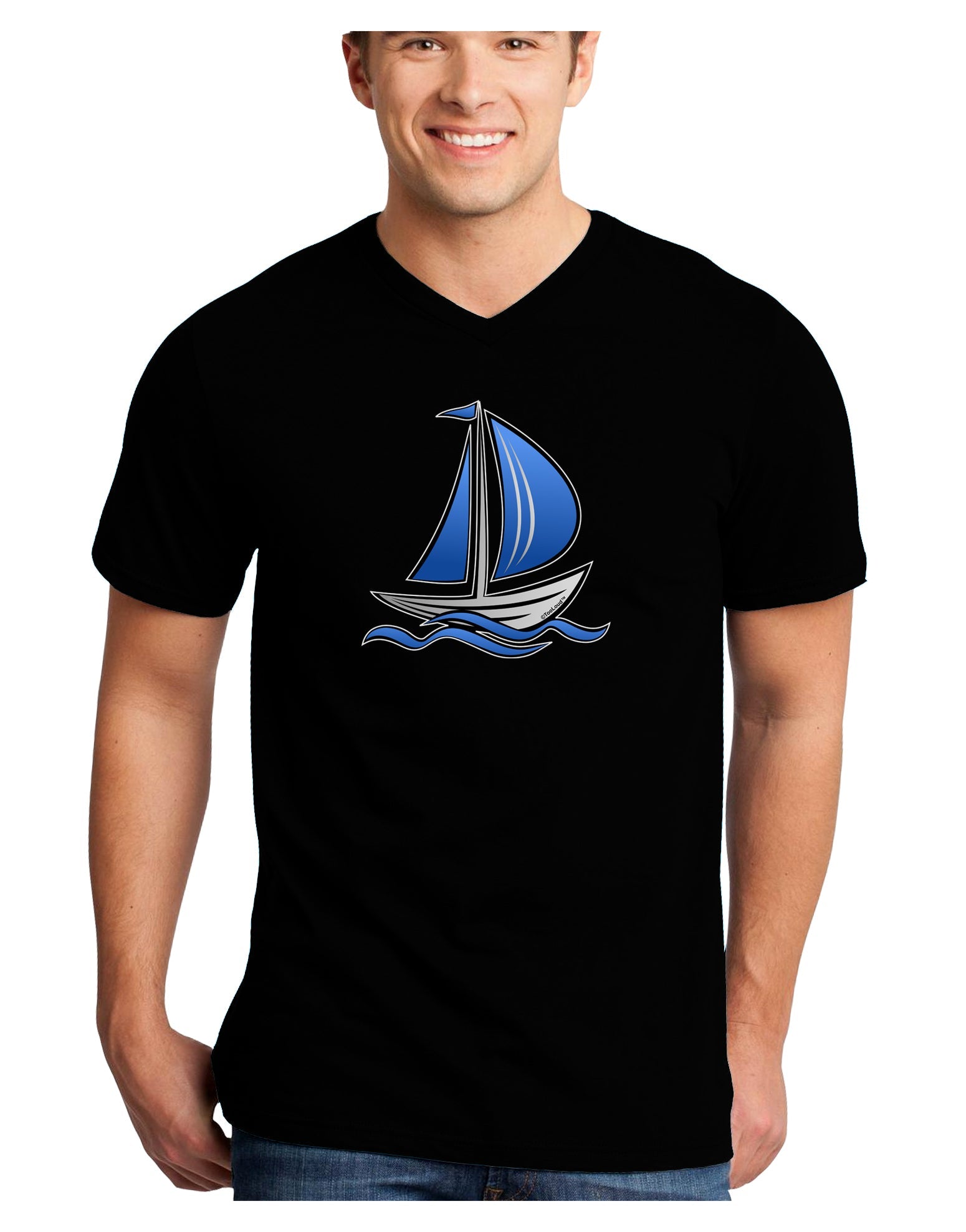 Blue Sailboat Adult Dark V-Neck T-Shirt-TooLoud-Black-Small-Davson Sales