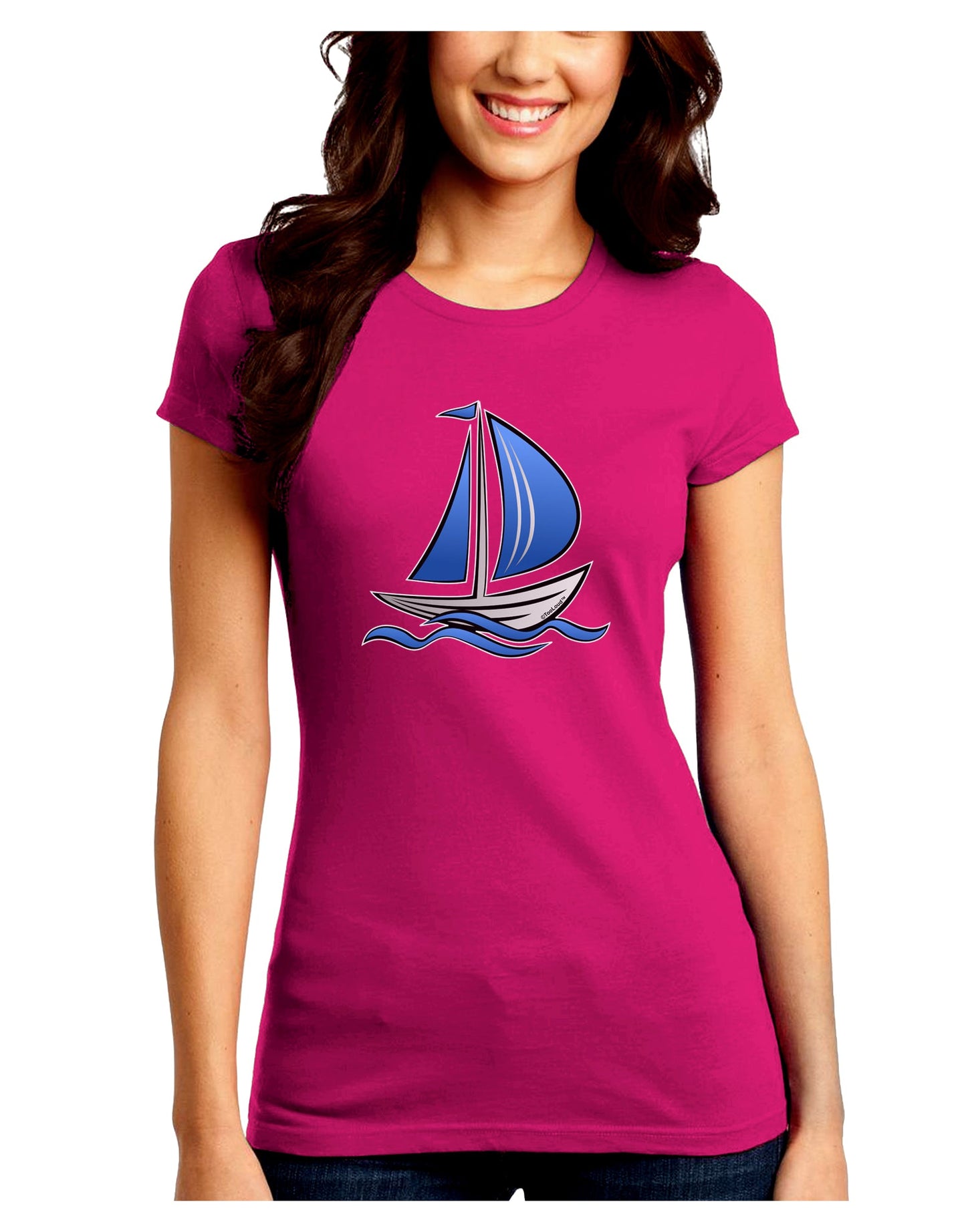 Blue Sailboat Juniors Petite Crew Dark T-Shirt-T-Shirts Juniors Tops-TooLoud-Hot-Pink-Juniors Fitted Small-Davson Sales