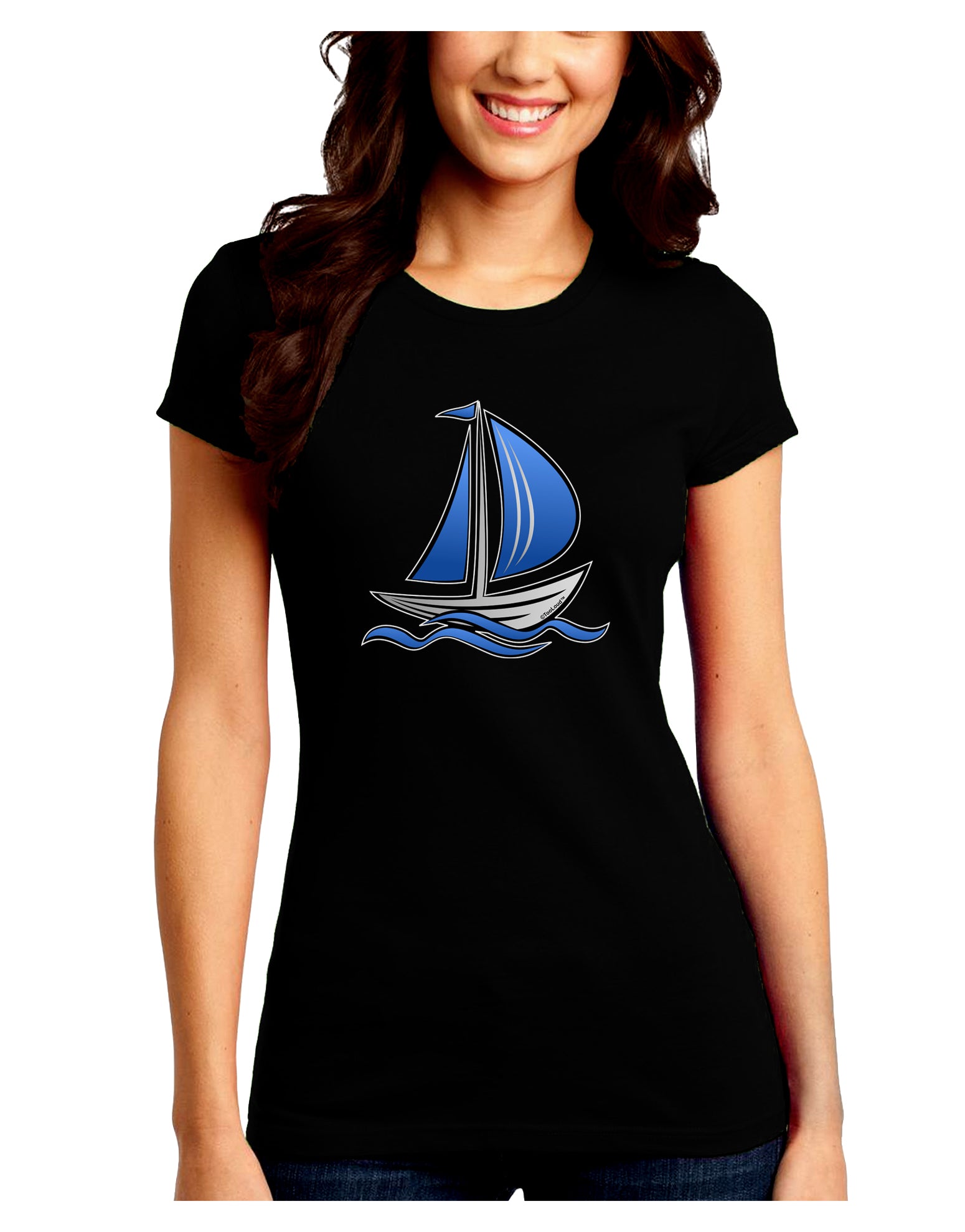 Blue Sailboat Juniors Petite Crew Dark T-Shirt-T-Shirts Juniors Tops-TooLoud-Black-Juniors Fitted Small-Davson Sales