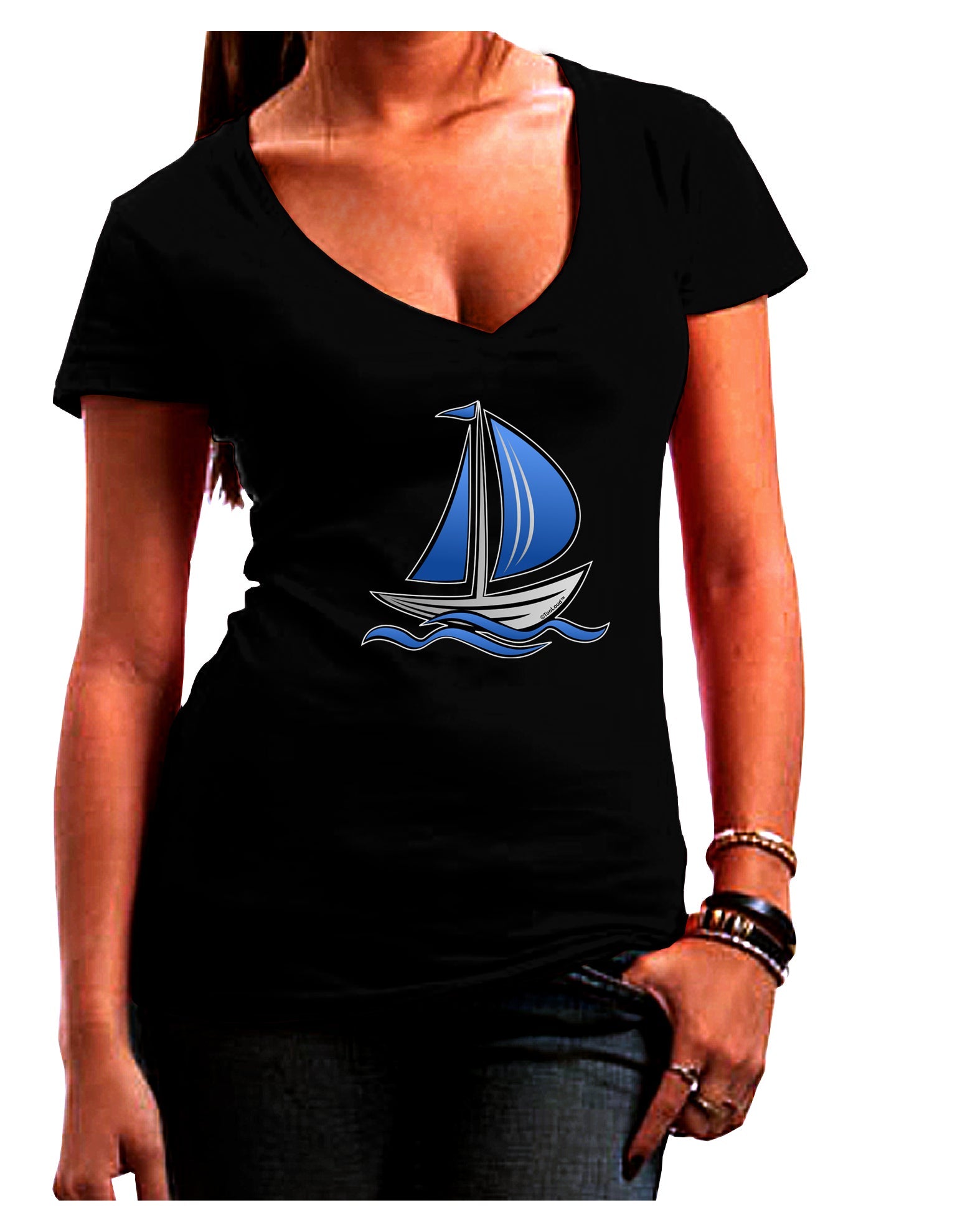 Blue Sailboat Womens V-Neck Dark T-Shirt-Womens V-Neck T-Shirts-TooLoud-Black-Juniors Fitted Small-Davson Sales