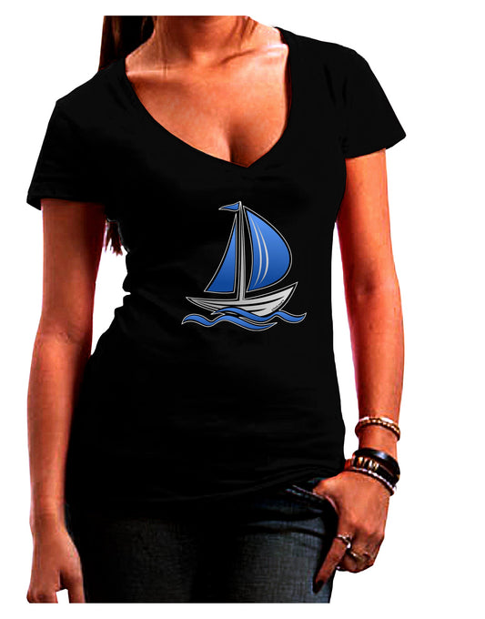 Blue Sailboat Womens V-Neck Dark T-Shirt-Womens V-Neck T-Shirts-TooLoud-Black-Juniors Fitted Small-Davson Sales